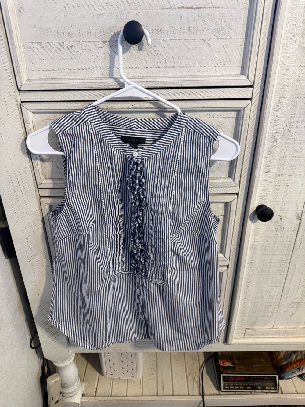 J. Crew Navy and White Sleeveless Ruffle-Front Stripe Blouse